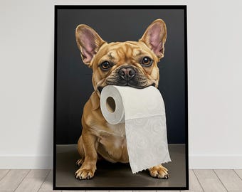 French Bulldog (fawn) with toilet paper roll in mouth, Toilet Humor, Frenchie Gifts, Bathroom Print, Dog Lover Gift, WC Art, Framed Print