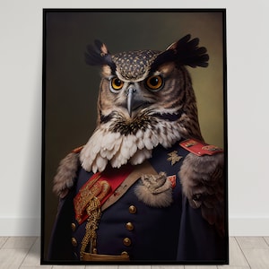 Portrait of an Owl in Military Uniform, Animal Wall Decor, Owl Poster, Wall Poster, Hero Painting