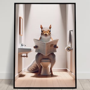 Foto di uno scoiattolo che legge il giornale sul water, Decorazione divertente per il water, Cornice decorativa per il bagno, Poster per il water, Regalo divertente