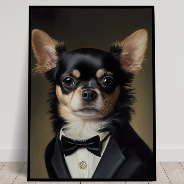 Portrait d'un Chihuahua en smoking, Décoration murale animaux, Poster Chihuahua Tuxedo, Affiche murale à encadrer