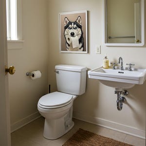 Husky with toilet paper roll in mouth, Toilet Humor, Sibe Gifts, Bathroom Print, Dog Lover Gift, WC Wall Art, Framed Print image 2