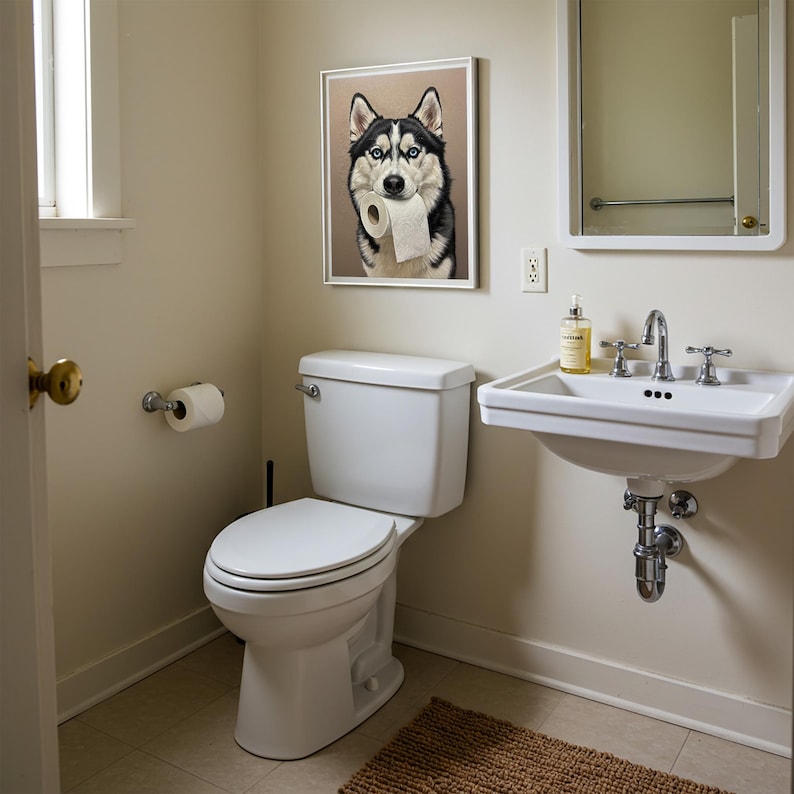 Husky with toilet paper roll in mouth, Toilet Humor, Sibe Gifts, Bathroom Print, Dog Lover Gift, WC Wall Art, Framed Print image 2