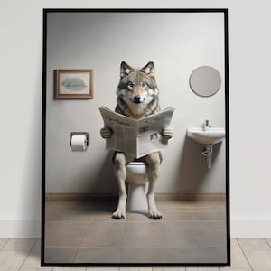 Foto eines Wolfes, der auf der Toilette die Zeitung liest, humorvolle WC-Dekoration, dekorativer Rahmen für das Badezimmer, Toilettenposter, lustiges Geschenk