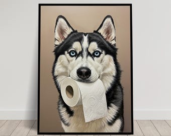 Peut inclure: Un chien husky noir et blanc aux yeux bleus tient un rouleau de papier toilette blanc dans sa gueule. Le chien regarde directement le spectateur.