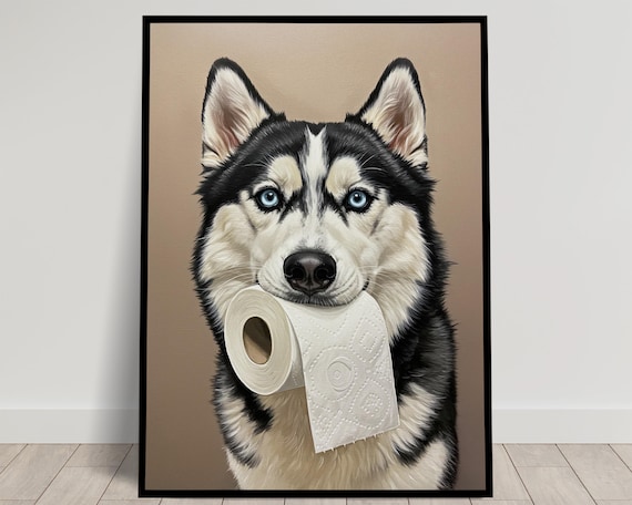 Husky mordant un rouleau de papier toilette, Humour Toilettes, Poster WC, Cadeau Husky, Affiche encadrée, Poster chien