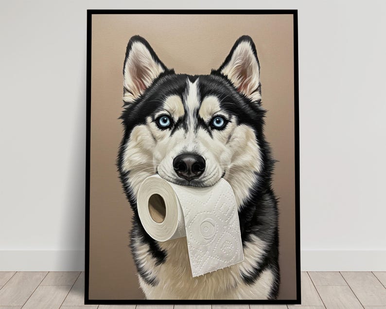 Husky with toilet paper roll in mouth, Toilet Humor, Sibe Gifts, Bathroom Print, Dog Lover Gift, WC Wall Art, Framed Print image 1