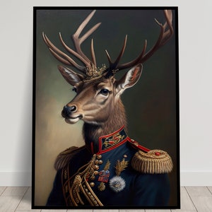 Retrato de un ciervo con uniforme militar, pintura mural de animales, cartel de ciervo, impresión heroica de pared de ciervo