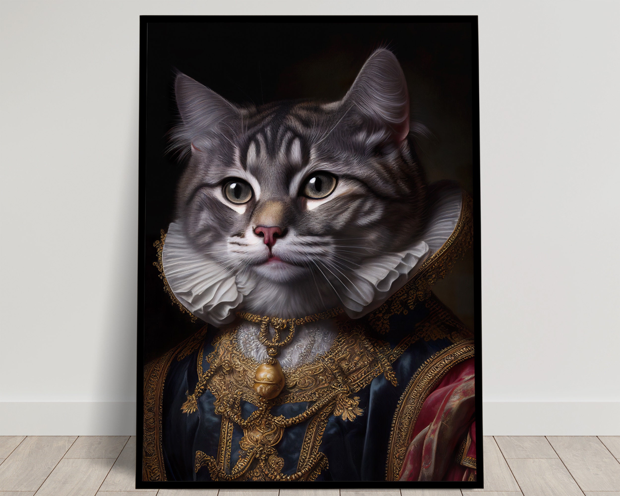 Portrait of a noble gray cat in baroque style, Animal wall decoration, Feline wall poster, Poster to frame