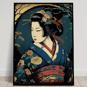 Geisha-Wandposter im blauen Kimono, Illustration im japanischen Kunststil, Geiko-Wanddekoration