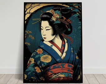 Geisha Wall Poster with Blue Kimono, Illustration Japanese Art Style Poster, Geiko Wall Decoration