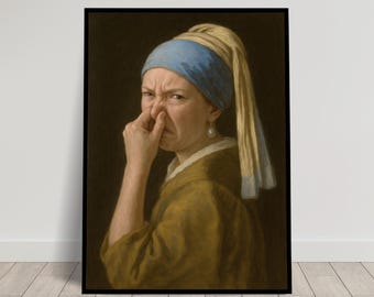 Girl with a Pearl Earring Pinching Her Nose, Bathroom Poster, Toilet Humor, Framed Wall Art, Vermeer Parody, Quirky Restroom Decor, Gag Gift