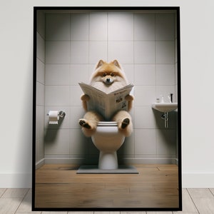 Foto di uno Spitz tedesco che legge il giornale sul water, decorazione umoristica per la toilette, cornice decorativa per il bagno, poster per la toilette, regalo divertente