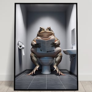 Foto di un rospo che legge il giornale sul water, decorazione umoristica per WC, cornice decorativa per il bagno, poster per WC, regalo divertente