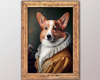 Portrait d'un Corgi noble style baroque,  Illustration, Poster, Décoration murale animaux, Poster chien