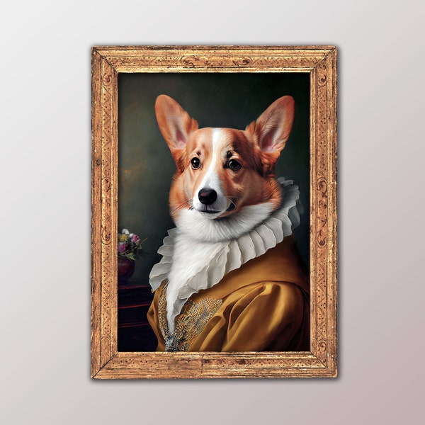 Portrait d'un Corgi noble style baroque,  Illustration, Poster, Décoration murale animaux, Poster chien