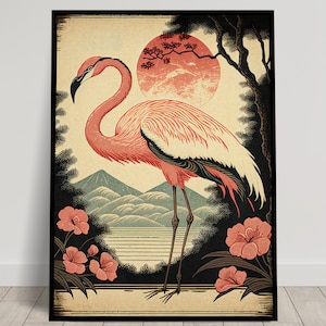 Pink Flamingo Wall Poster, Japanese Art Style Illustration, Ukiyo-e Wall Print, Vintage Flamingo Poster