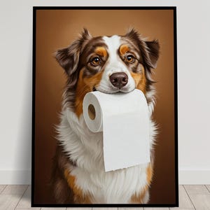 Australian Shepherd with toilet paper roll in mouth, Toilet Humor, Aussie Gifts, Bathroom Print, Dog Lover Gift, WC Wall Art, Framed Print