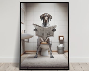 Photograph of a German Shorthaired Pointer reading the newspaper on the Toilet, Fun Bathroom Decor, Bathroom Art, WC Toilet Poster, GSP Gift