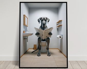 Photograph of a Great Dane reading the newspaper on the Toilet, Funny Bathroom Decor, Bathroom Wall Art, WC Toilet Poster, Unique Funny Gift
