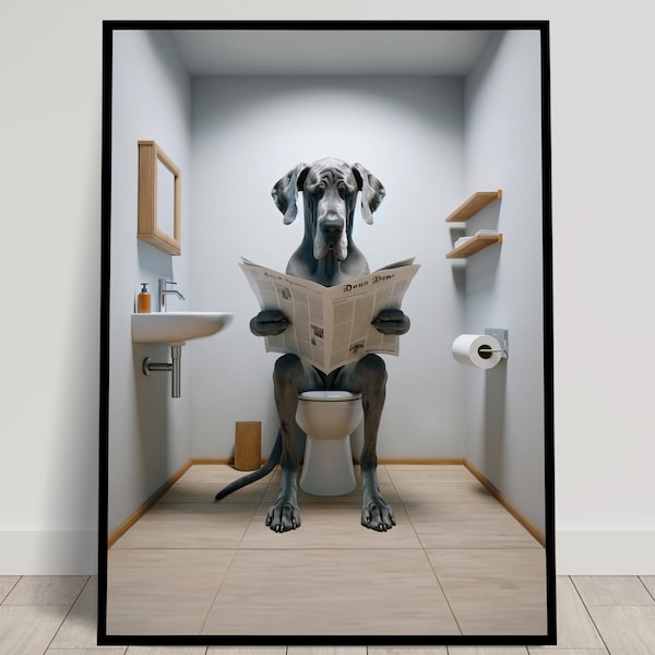 Photograph of a Great Dane reading the newspaper on the Toilet, Funny Bathroom Decor, Bathroom Wall Art, WC Toilet Poster, Unique Funny Gift
