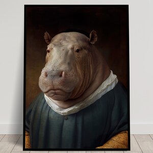 Portrait of a noble Hippopotamus in baroque style, Animal wall decoration, Hippopotamus poster, Poster to frame