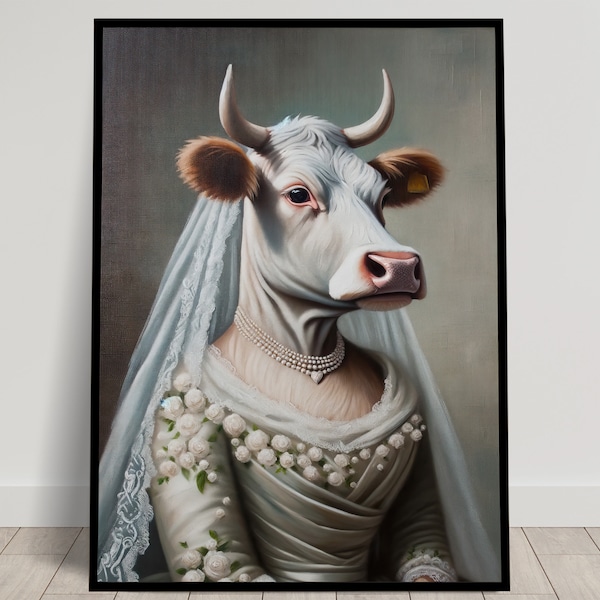Portrait d'une Vache en Robe de Mariée, Décoration murale animaux, Poster Vache Mariage, Affiche murale mariée, Cadre humoristique