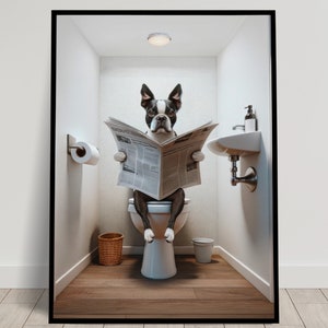 Foto di un Boston Terrier che legge il giornale sul water, Decorazione umoristica per WC, Cornice decorativa per il bagno, Poster per WC, Regalo divertente