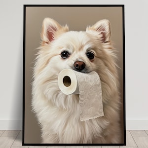 Pomeranian with toilet paper roll in mouth, Toilet Humor, Pomeranian Gifts, Bathroom Print, Dog Lover Gift, WC Wall Art, Framed Print