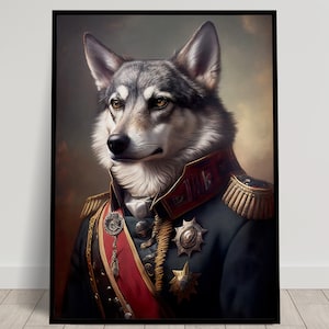 Portrait of a Gray Wolf in Military Uniform, Animal Wall Decor, Gray Wolf Poster, Wall Poster