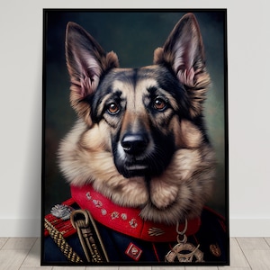 Portrait of a German Shepherd in Military Uniform, Animal Wall Decor, German Shepherd Poster, Wall Poster