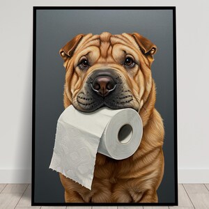 Shar-Pei che morde un rotolo di carta igienica, Umorismo sul bagno, Poster sul WC, Regalo Shar Pei, Poster incorniciato, Poster sul cane