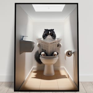 Poster di un gatto persiano in bianco e nero che legge sul water, decorazione umoristica per WC, poster da parete per WC e bagno, divertente regalo per gatti
