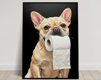 May include: A light brown French bulldog with a white roll of toilet paper in its mouth. The dog is looking directly at the camera. The background is black.