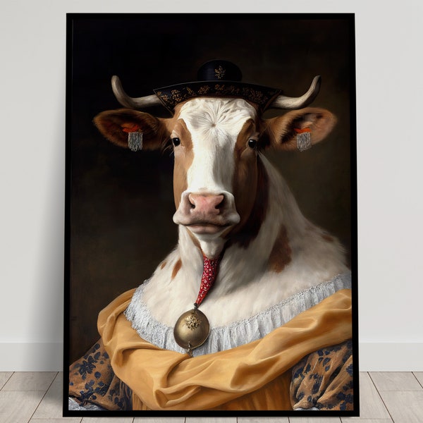Portrait of a Noble Cow baroque style, Wall decoration animals, Poster Cow, Poster to frame