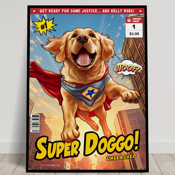 Affiche Comic Book Cover d'un super-héros Golden Retriever, poster humoristique, parfait cadeau amoureux des chiens, Poster Golden retriever