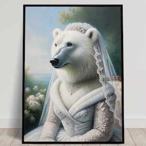 Portrait of a Polar Bear wearing a Wedding Dress, Animal Wall Decor, Polar Bear Mariage Poster, Bride Wall Art, Funny Frame, Unique Gift
