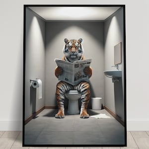 Foto di una tigre che legge il giornale sul water, decorazione umoristica per WC, cornice decorativa per il bagno, poster per WC, regalo divertente