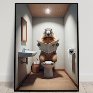 Foto di una marmotta che legge il giornale sul water, decorazione divertente per il water, cornice decorativa per il bagno, poster per il water, regalo divertente