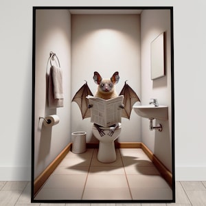 Foto di un pipistrello che legge il giornale sul water, Decorazione divertente per il water, Cornice decorativa per il bagno, Poster per il water, Regalo divertente