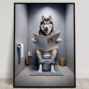 Foto di un Husky che legge il giornale sul water, decorazione umoristica per WC, cornice decorativa per il bagno, poster per WC, regalo divertente