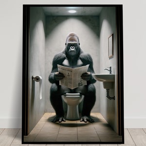 Foto di un gorilla che legge il giornale sul water, decorazione umoristica per WC, cornice decorativa per il bagno, poster per WC, regalo divertente