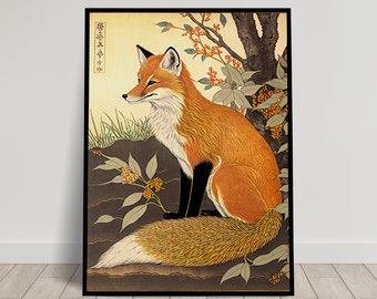 Poster da parete volpe, illustrazione in stile arte giapponese, decorazione murale giapponese, poster volpe
