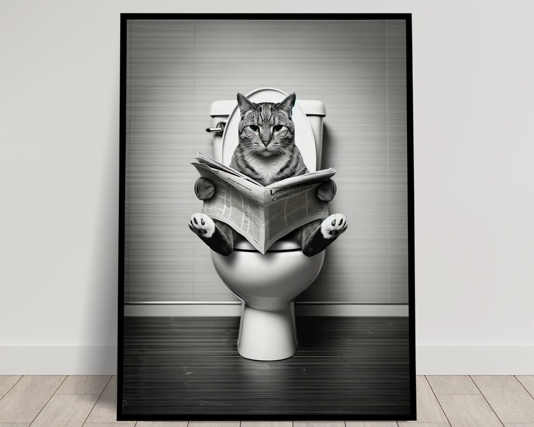 Photograph of a Cat Reading on the Toilet in Black and White, Fun Bathroom Decor, Bathroom Wall