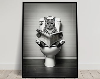 Photograph of a Cat reading on the Toilet in Black and White, Fun Bathroom Decor, Bathroom Wall Art, WC Toilet Poster, Funny Gift