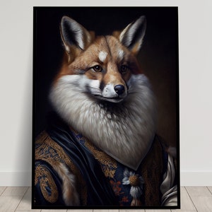 Retrato de un zorro noble de estilo barroco, Decoración de pared de animales, Cartel de zorro plateado