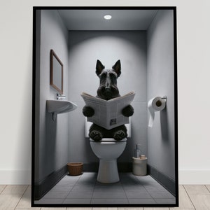 Foto di un Terrier scozzese che legge il giornale sul water, decorazione umoristica per la toilette, cornice decorativa per il bagno, poster per la toilette, regalo divertente