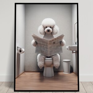 Foto di un barboncino che legge il giornale sul water, decorazione umoristica per WC, cornice decorativa per il bagno, poster per WC, regalo divertente