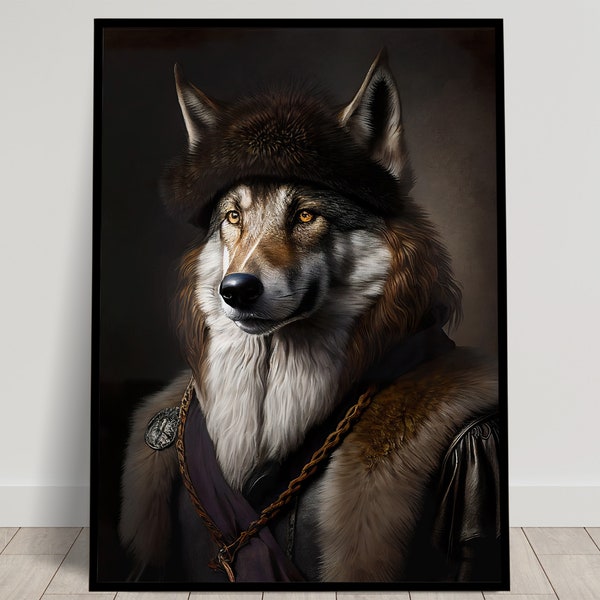 Portrait d'un Loup noble style baroque, Décoration murale animaux, Poster Loup, Affiche murale à encadrer