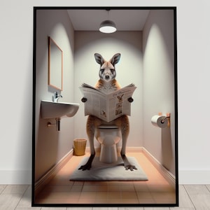 Photograph of a Wallaby reading the newspaper on the Toilet, Funny Bathroom Decor, Bathroom Wall Art, WC Toilet Poster, Unique Gag Gift