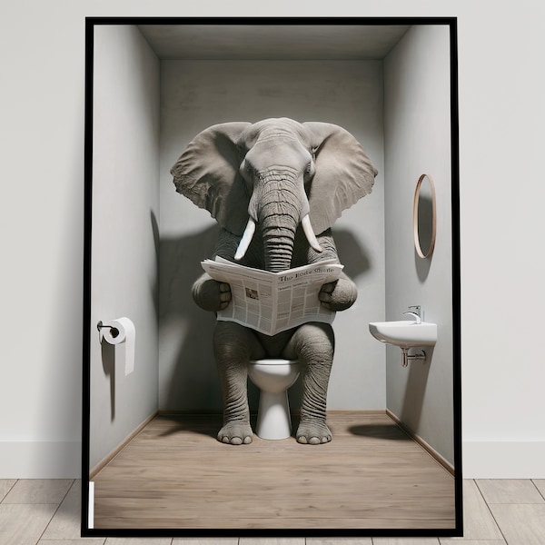 Photo d'un Elephant lisant le journal sur les toilettes, Décoration Humoristique WC, Cadre déco Salle de bain, Poster Toilettes, Cadeau Fun